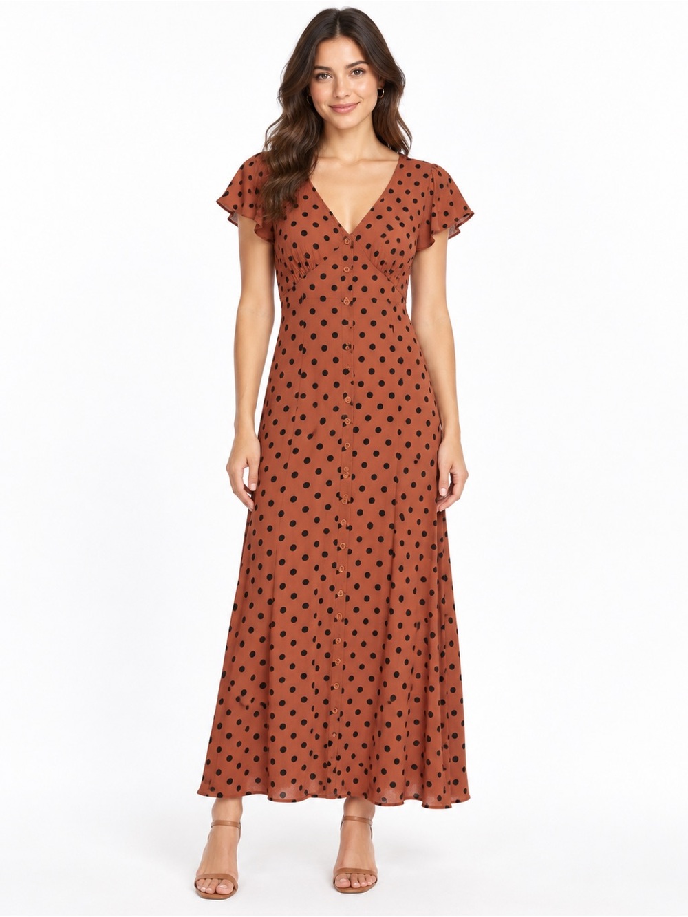 Blu Pepper Rust Maxi Dress with Black Polka Dots